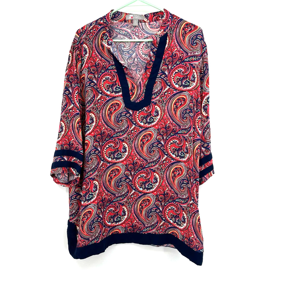 Tina Stephens size‎ large paisley print longer sleeve tunic top pink blue yellow